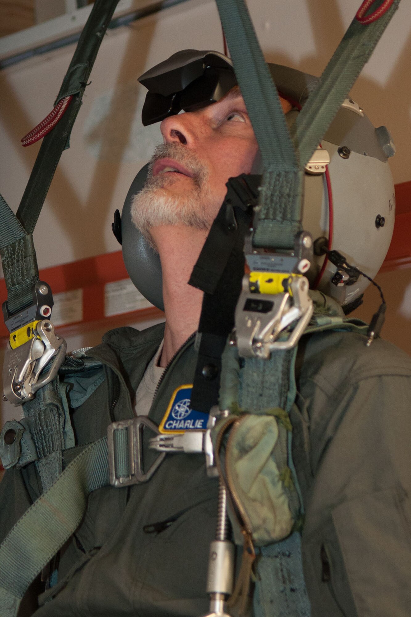 Charles McMillan, the director of Los Alamos National Laboratory, receives a virtual reality “crash course” in operating a parachute as part of egress training out of a B-52 Stratofortress at Barksdale Air Force Base, La. on March 14, 2016. McMillan received the opportunity to fly in a B-52 with the 93rd Bomb Squadron after years of working to improve weapons science for the bomber. (U.S. Air Force photo by Master Sgt. Dachelle Melville/Released)