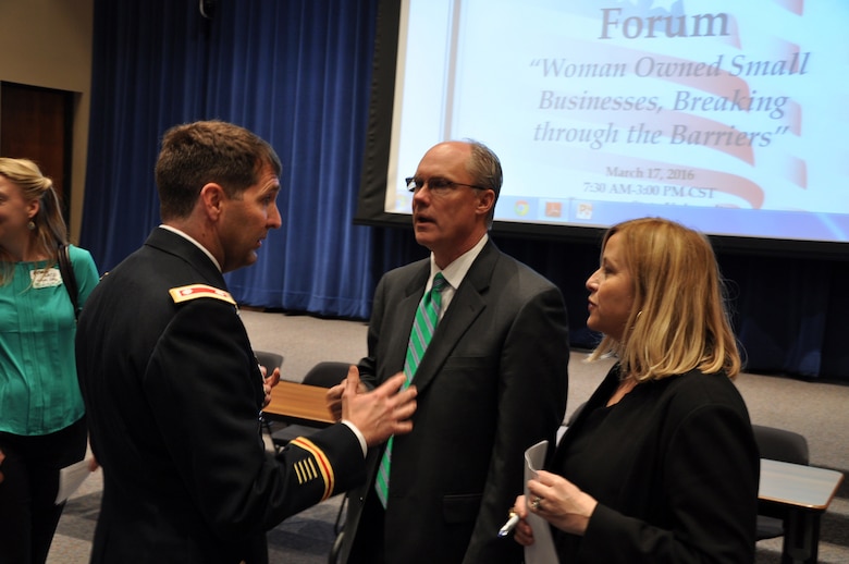 Lt. Col. Stephen Murphy (Left), U.S. Army Corps of Engineers Nashville District commander, and Nashville Mayor Megan Barry speak with Joe Bailey, a government relations business development executive with Phillips & Jordan, during the Small Business Forum March 17, 2016 at Tennessee State University.  About 360 small businesses were represented at the event sponsored by the U.S. Army Corps of Engineers Nashville District, Tennessee Small Business Development Center, and University of Tennessee Center for Industrial Services Procurement Technical Assistance Center.