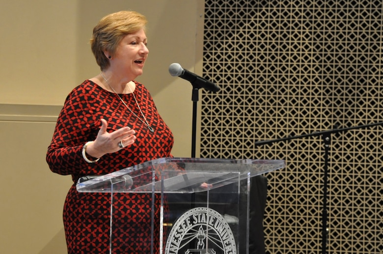 Ann Sullivan, Madison Services Group president, speaks about women impacting public policy and sole source changes during the Small Business Forum March 17, 2016 at Tennessee State University.  About 360 small businesses were represented at the event sponsored by the U.S. Army Corps of Engineers Nashville District, Tennessee Small Business Development Center, and University of Tennessee Center for Industrial Services Procurement Technical Assistance Center.