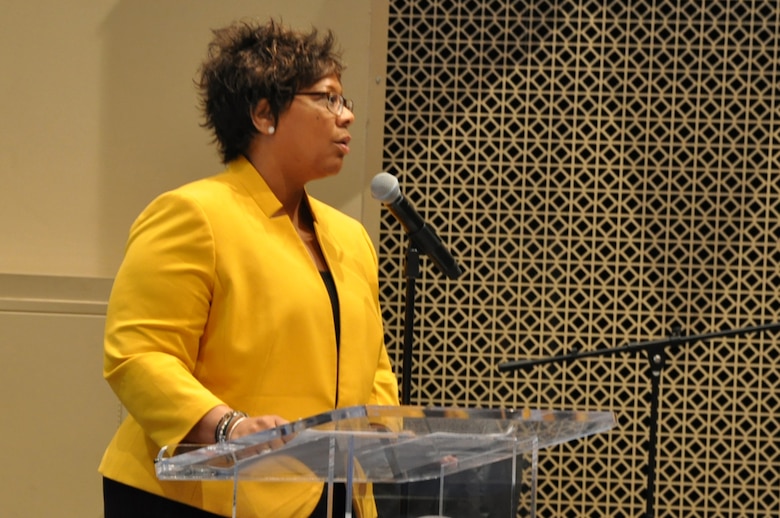 Candace Waterman, Women's Business Enterprise National Counsel Certification and Program Operations chief of staff, talks about women-owned small business certification processes during a panel discussion March 17, 2016 at the Small Business Forum at Tennessee State University.  About 360 small businesses were represented at the event sponsored by the U.S. Army Corps of Engineers Nashville District, Tennessee Small Business Development Center, and University of Tennessee Center for Industrial Services Procurement Technical Assistance Center.