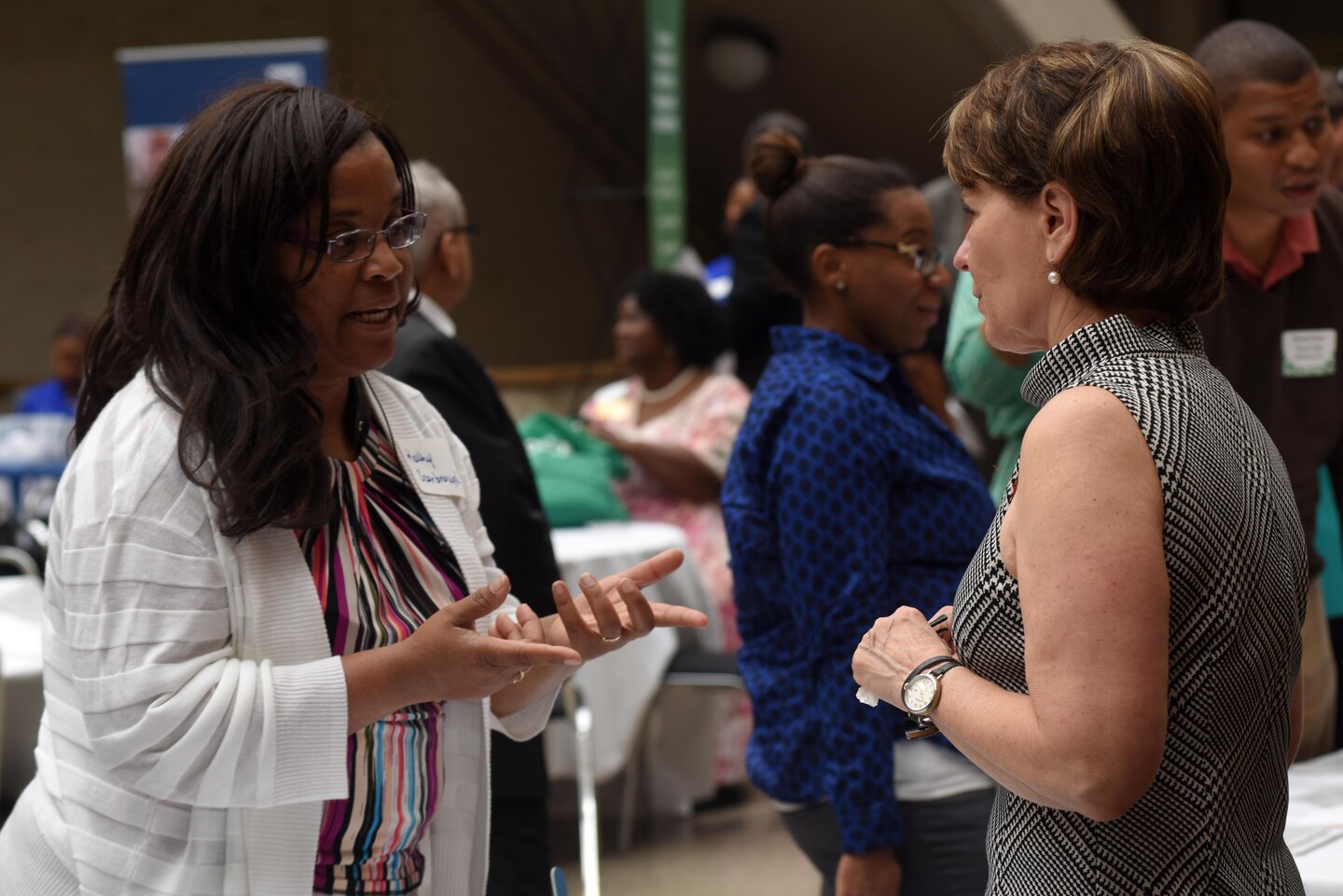 Linda L. Spadaro (Right), U.S. Army Corps of Engineers Mobile District Small Business Office chief, interacts with Kathy Scarbrough during the 5th Annual Small Business Forum at Tennessee State University in Nashville, Tenn., March 17, 2016.