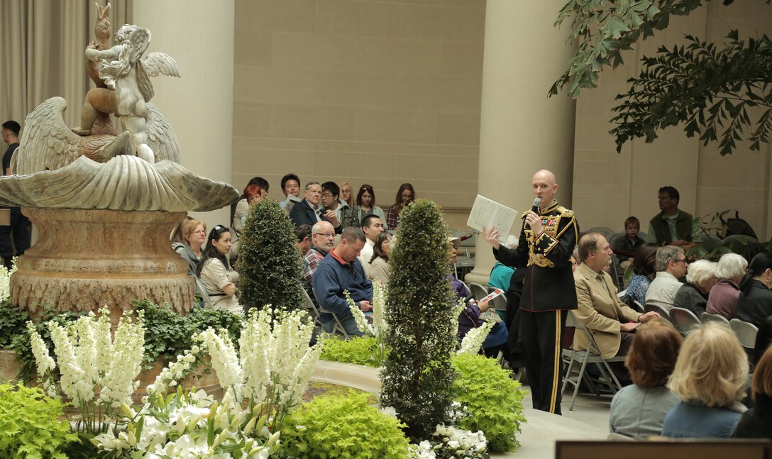 On March 18, 2016, the Marine Chamber Orchestra performed a concert conducted by Lt. Col. Jason K. Fettig at the National Gallery of Art in Washington, D.C. The program was a part of the gallery's four-day 75th anniversary commemoration and featured Ottorino Respighi's Trittico botticelliano, Richard Addinsell’s Warsaw Concerto, and Aaron Copland’s Appalachian Spring. (U.S. Marine Corps photo by Master Sgt. Amanda Simmons/released)