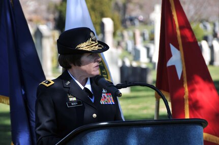 Maj. Gen. Margaret W. Boor, commanding general of the U.S. Army Reserve's 99th Regional Support Command headquartered at Joint Base McGuire-Dix-Lakehurst, N.J., delivers remarks during a ceremony March 18 at the Princeton Cemetery in Princeton, N.J., to honor President
Grover Cleveland.