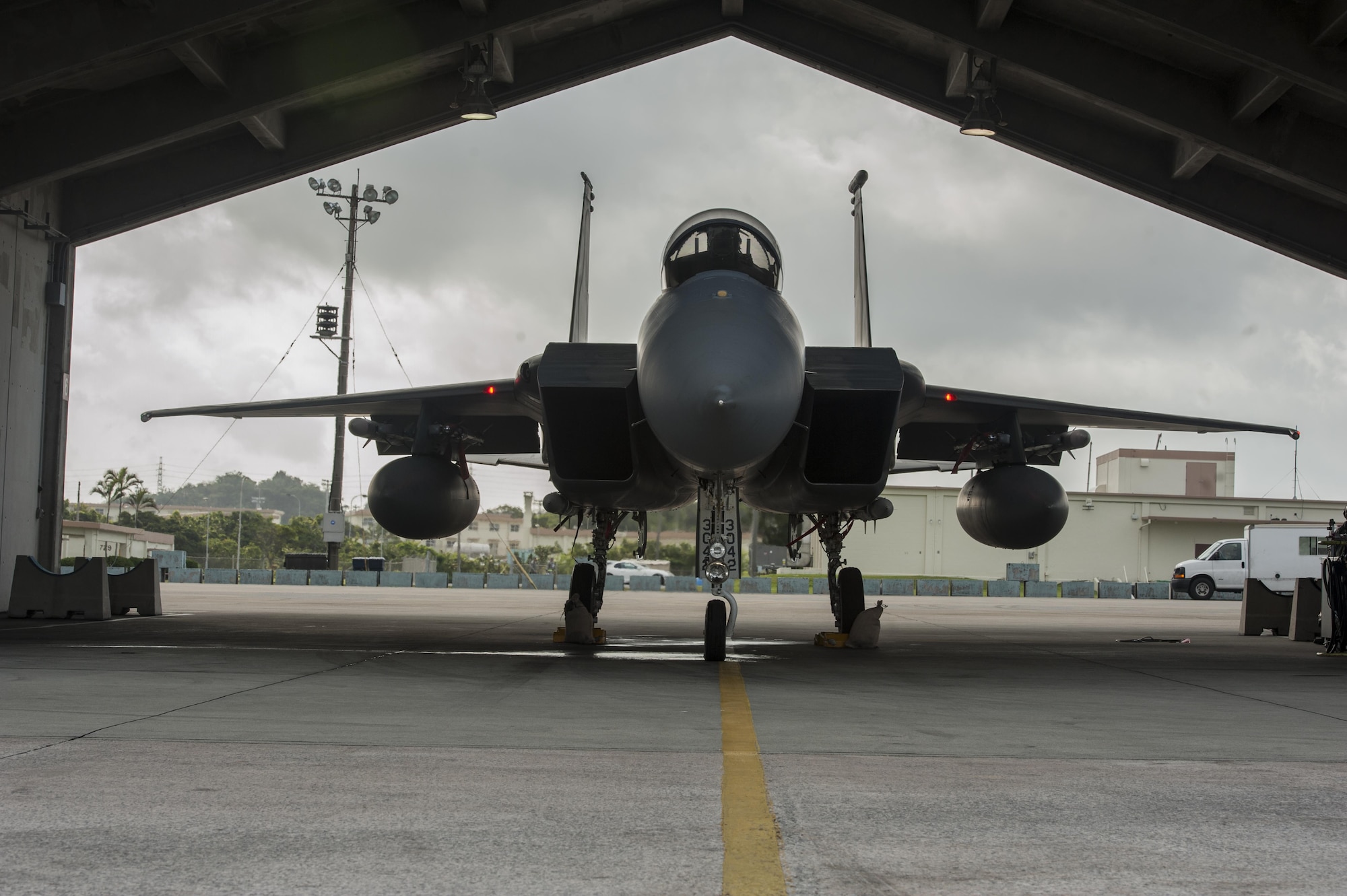A 44th Fighter Squadron F-15 Eagle prepares to taxi down the runway March 18, 2016, at Kadena Air Base, Japan. Kadena pilots participated in training to hone and maintain their wartime readiness. (U.S. Air Force photo by Airman 1st Lynette M. Rolen)