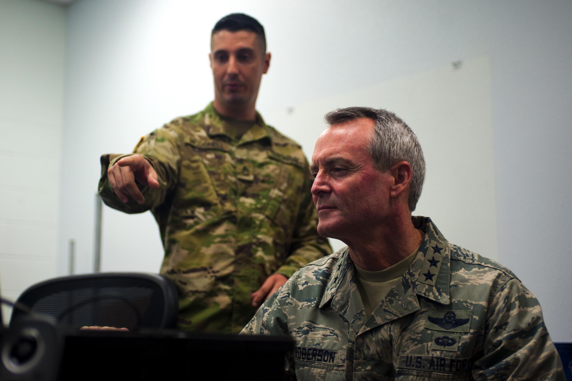 U.S. Air Force Lt. Gen. Darryl L. Roberson, commander of Air Education and Training Command, takes a seat at a fire truck-driving simulator during the tour of the Department of Defense Louis F. Garland Fire Academy at Goodfellow Air Force Base, Texas, March 18, 2016. Firefighters from all military branches begin their careers with training at Garland Fire Academy. (U.S. Air Force photo Senior Airman Scott Jackson/Released)