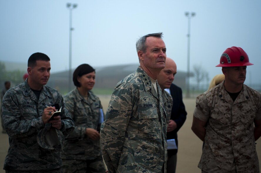 U.S. Air Force Lt. Gen. Darryl L. Roberson, commander of Air Education and Training Command, Chief Master Sgt. David R. Staton, AETC command chief, Col. Michael Grunwald, 17th Training Group commander, and Chief Master Sgt. JoAnne S. Bass, 17th Training Wing command chief, examine the C-135 fire training exercise while touring the Department of Defense Louis F. Garland Fire Academy at Goodfellow Air Force Base, Texas, March 18, 2016. Noise and smoke in the search and rescue trainer room is used to overstimulate the firefighters’ senses. . (U.S. Air Force photo by Senior Airman Scott Jackson/Released)