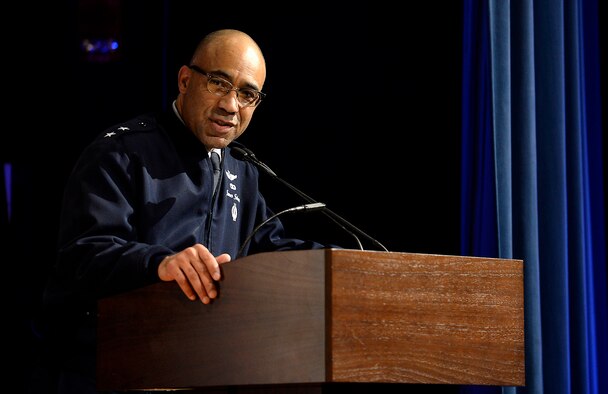 Maj. Gen. James Johnson, the director of the Air Force Sexual Assault Prevention and Response Office for the vice chief of staff, speaks at a Sexual Assault Awareness Month event hosted by the Air Force's top leaders at the Pentagon March 17, 2016. (U.S. Air Force photo/Scott M. Ash)