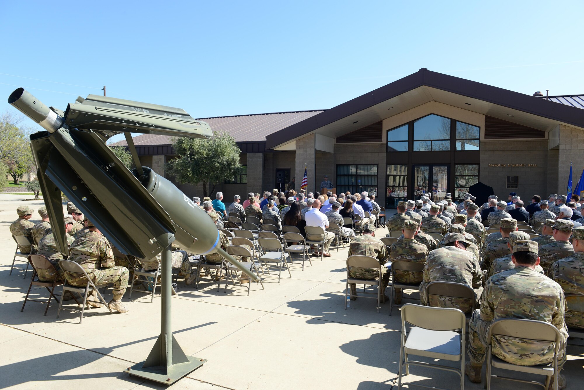 The 9th Munitions Squadron hosts a ceremony March 18, 2016, at Beale Air Force Base, California, celebrating the 30th Anniversary of the Air Force Combat Ammunition Center (AFCOMAC). The event was attended by past and present AFCOMAC Airmen including the first “AMMO Chief” Chief Master Sgt. retired Van D. Ray. (U.S. Air Force photo by Senior Airman Bobby Cummings)