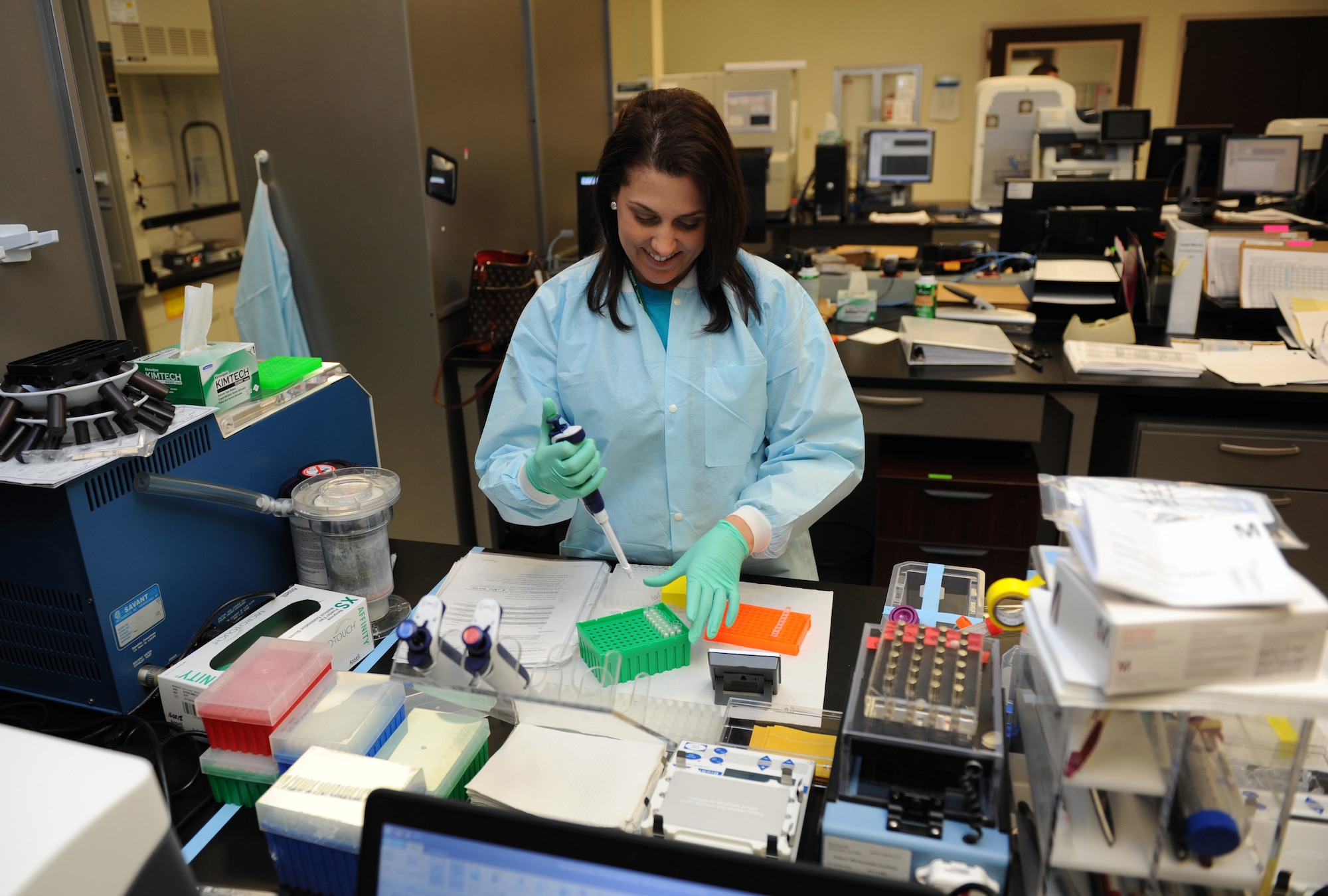 Samantha Pelligrino, 81st Medical Operations Squadron molecular technologist, prepares samples for a Next Generation Sequencing analysis at the 81st Medical Group’s genetics center Mar. 16, 2016, Keesler Air Force Base, Miss. The Air Force Medical Genetics Center is the only laboratory of its kind in the entire Defense Department. Made up of the cytogenetics and molecular genetics labs, the center is focused on providing clinical and laboratory diagnostic services to support all DOD facilities worldwide. (U.S. Air Force photo by Kemberly Groue)