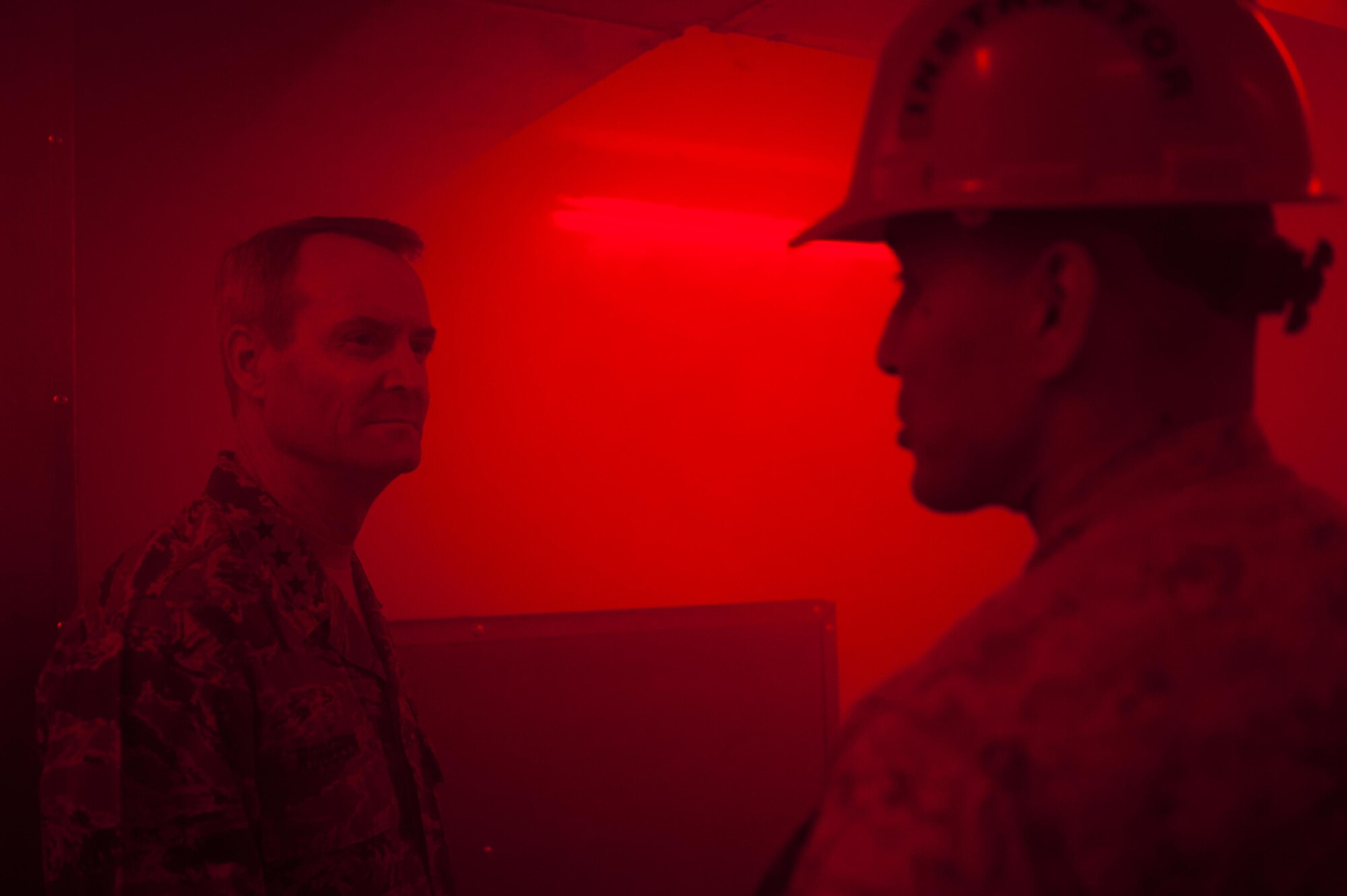 U.S. Air Force Lt. Gen. Darryl L. Roberson, commander of Air Education and Training Command, walks through the search and rescue trainer room during the tour of the Department of Defense Louis F. Garland Fire Academy at Goodfellow Air Force Base, Texas, March 18, 2016. The building uses noise and smoke to overstimulate the firefighters’ senses in the search and rescue trainer room.  (U.S. Air Force photo by Senior Airman Scott Jackson/Released)