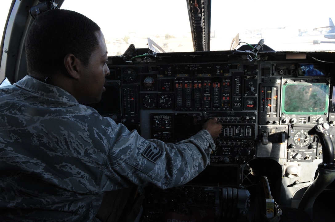 U.S. Air Force Tech. Sgt. Derek Speights, 7th Bomb Wing Honor Guard superintendent, conducts a systems check on a B-1B Lancer Feb. 19, 2015, at Dyess Air Force Base, Texas. Speights joined the Air Force as a fuels systems repair Airmen, but due to a special duty assignment he will be the Honor Guard superintendent for the next three years. (U.S. Air Force photo by Senior Airman Shannon Hall/Released)