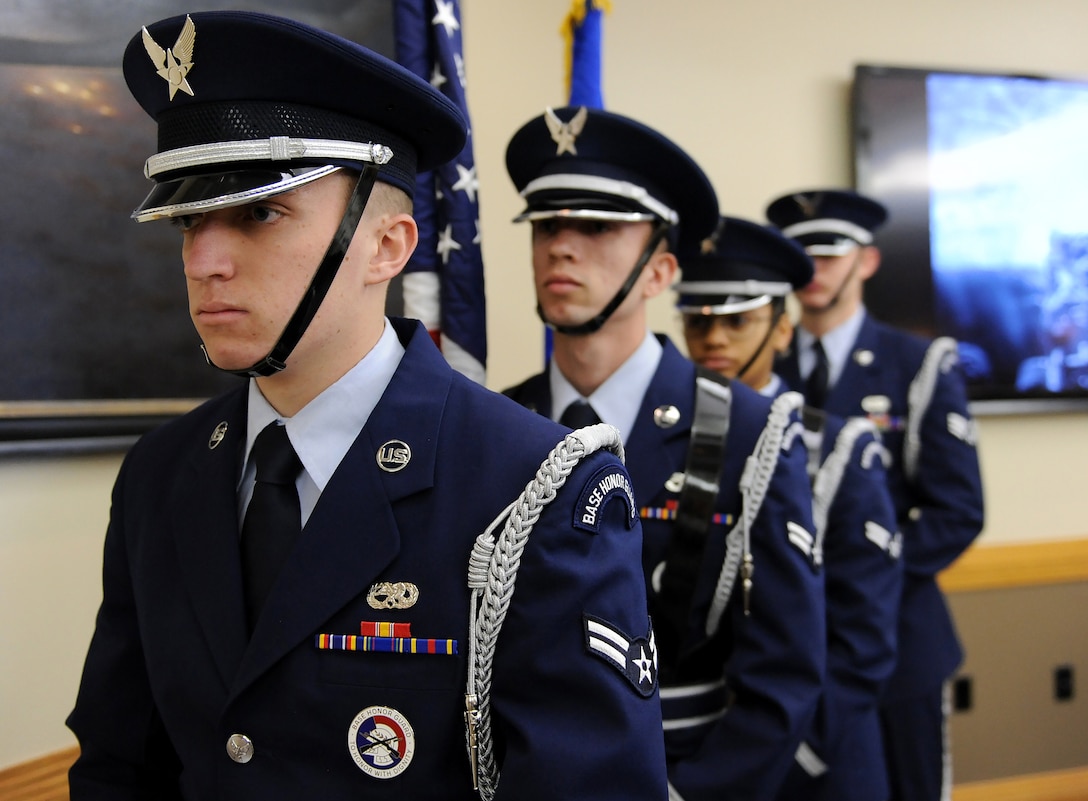 Members of the Whiteman Honor Guard prepare to present the colors at the National Prayer Breakfast at Whiteman Air Force Base, Mo., March 11, 2016. Every year, the National Prayer Breakfast has a different theme. This year’s theme was “Your life matters and could change the course of history.” (U.S. Air Force photo by Airman 1st Class Michaela R. Slanchik)