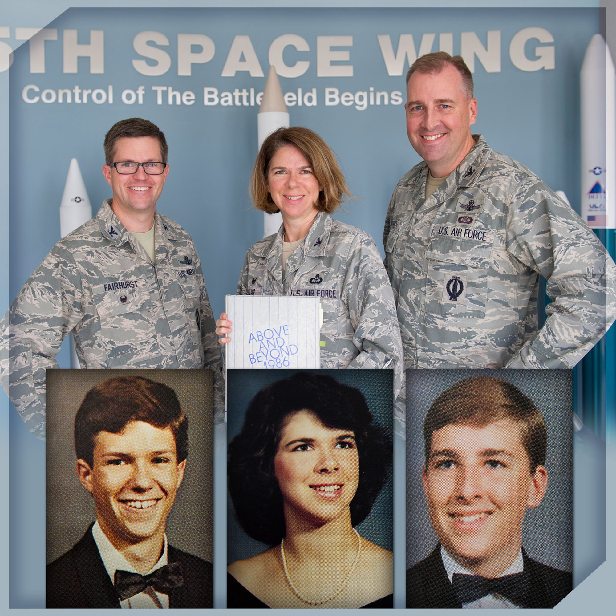 Colonels Shawn Fairhurst, 45th Space Wing vice commander, Daniel Gottrich, 45th SW chief of safety,Shannon Klug, 45th Weather Squadron commander, pose with one of their high school's yearbook and the inserted photos in the graphic show photos of them as students of James W. Robinson Secondary School in Fairfax, Va., in the late 1980s. Fairhurst’s senior photo is in Klug’s 1986 yearbook where she was featured as a junior. She graduated in 1987 and Gottrich graduated in 1988. The yearbook pages prove the three former Robinson Rams who were once strangers are now Air Force Wingmen, leading extraordinary missions from the nation’s gateway to space.(U.S. Air Force photo by Matthew Jurgens/released)