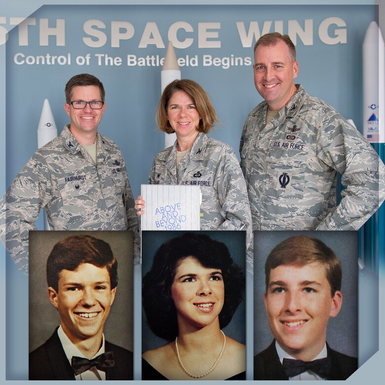 Colonels Shawn Fairhurst, 45th Space Wing vice commander, Daniel Gottrich, 45th SW chief of safety,Shannon Klug, 45th Weather Squadron commander, pose with one of their high school's yearbook and the inserted photos in the graphic show photos of them as students of James W. Robinson Secondary School in Fairfax, Va., in the late 1980s. Fairhurst’s senior photo is in Klug’s 1986 yearbook where she was featured as a junior. She graduated in 1987 and Gottrich graduated in 1988. The yearbook pages prove the three former Robinson Rams who were once strangers are now Air Force Wingmen, leading extraordinary missions from the nation’s gateway to space.(U.S. Air Force photo by Matthew Jurgens/released)