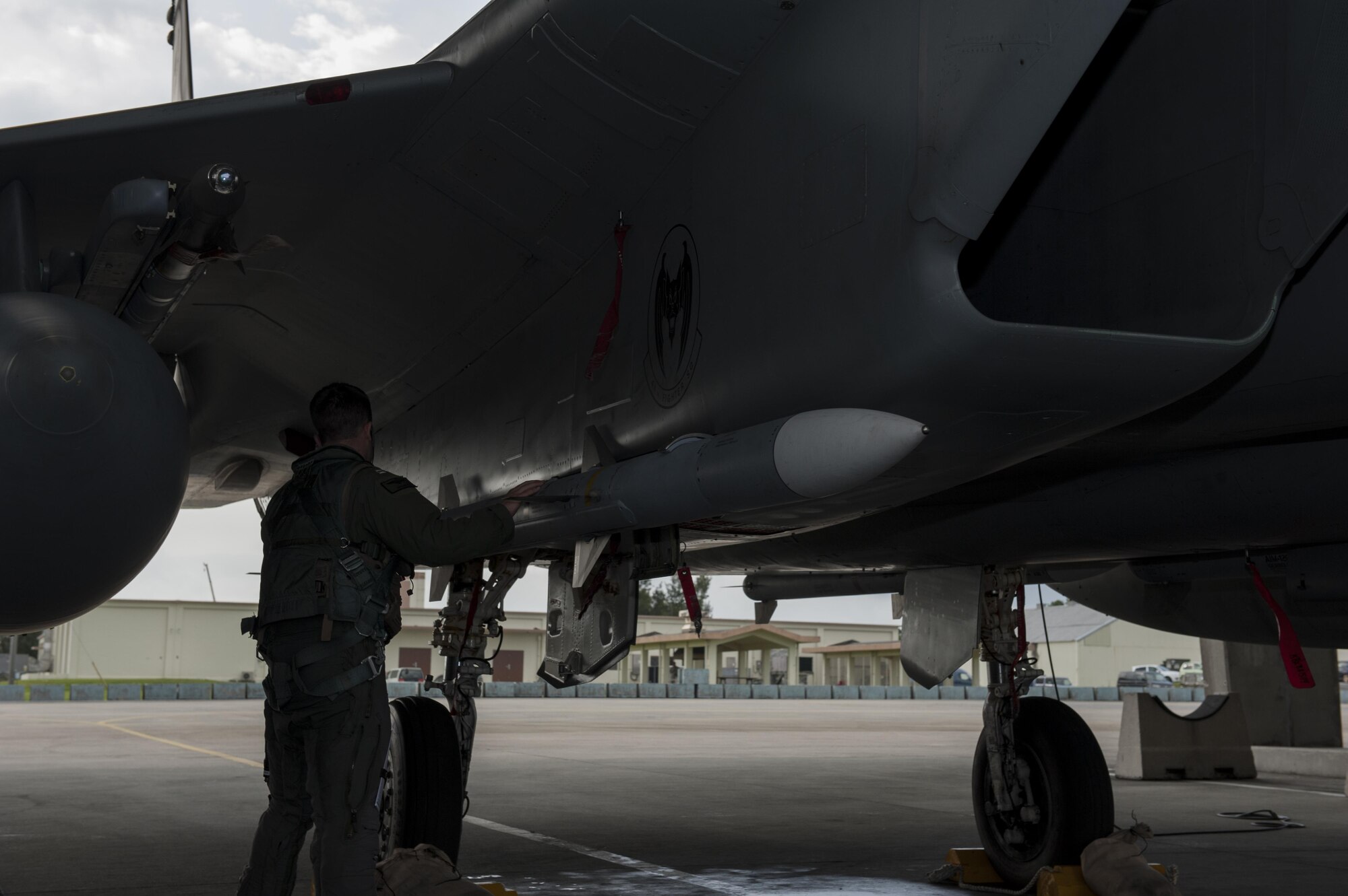 U.S. Navy Lieutenant Dustin Henze, 44th Fighter Squadron Navy exchange pilot, conducts pre-flight checks March 18, 2016, at Kadena Air Base, Japan. The 44th FS utilizes an exchange program with Navy pilots from different units. (U.S. Air Force photo by Airman 1st Class Lynette M. Rolen)