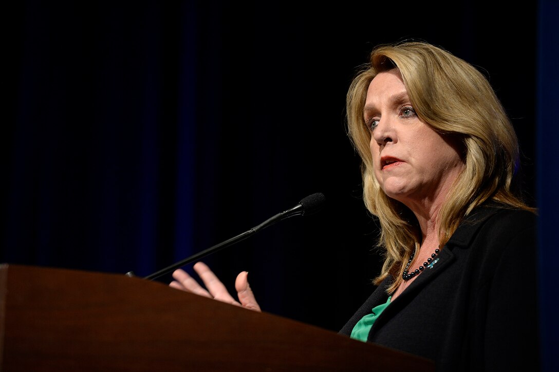 Air Force Secretary Deborah Lee James discusses the wingman's role in sexual assault prevention during a Sexual Assault Awareness Month event at the Pentagon, March 17, 2016.  The event included participants who read actual victims' testimonials. Air Force photo by Scott M. Ash