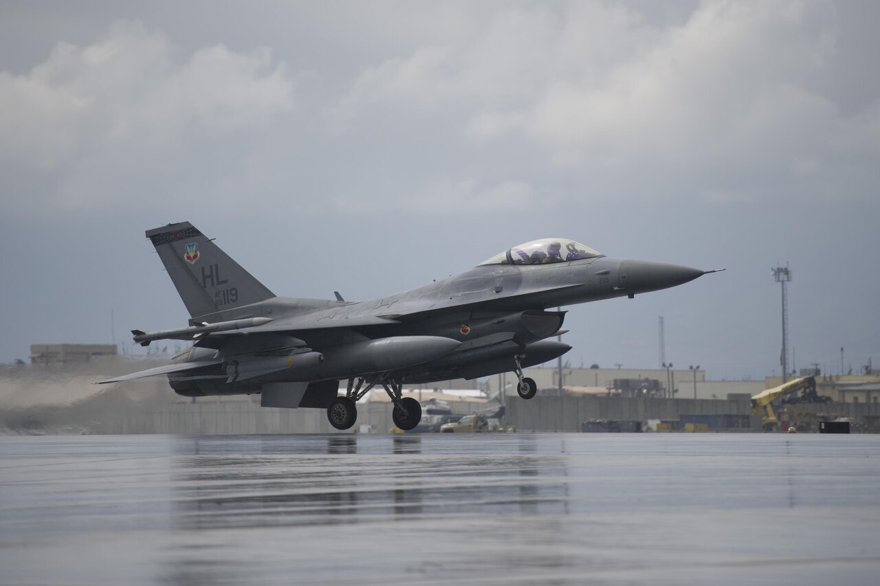 Capt. Tim Six, a 421st Expeditionary Fighter Squadron pilot, takes off for a combat sortie in an F-16 Fighting Falcon at Bagram Airfield, Afghanistan, March 14, 2016. The 421st EFS, based out of Bagram Airfield, is the only dedicated fighter squadron in the country and continuously supports Operation Freedom’s Sentinel and NATO’s Resolute Support missions. (U.S. Air Force photo/Tech. Sgt. Robert Cloys)