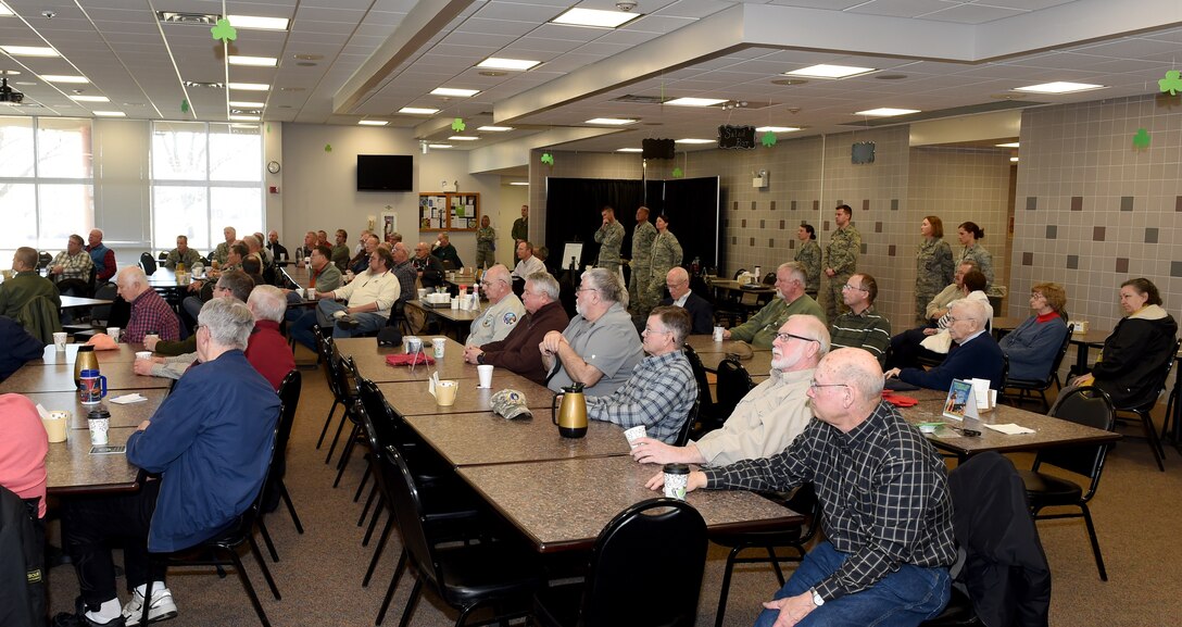 The 132d Wing hosted a retiree coffee event for retired members of the 132d Wing. The retirees were briefed on some of the upcoming events in the wing as well as informed on some of the new mission capabilities. (U.S. Air National Guard photo by Staff Sgt. Matthew T. Doyle/Released)