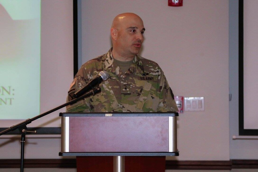 Brig. Gen. Alberto C. Rosende, commanding general for the 1st  Mission Support Command (MSC), gives opening remarks during the 1st MSC and Installation Management Command's Women’s History Month celebration at the 1st MSC Headquarters, Ramon Hall, on Fort Buchanan, Puerto Rico, March 17. (U.S. Army National Guard photo by Sgt. Alexis Vélez/Released)