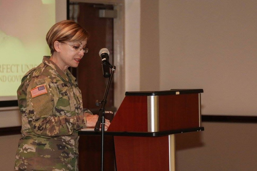 Maj. Gen. Marta Carcana, The Adjutant General (TAG) for Puerto Rico and guest speaker during 1st MSC and Installation Management Command's Women’s History Month celebration at the 1st MSC Headquarters, Ramon Hall, on Fort Buchanan, Puerto Rico, March 17. (U.S. Army National Guard photo by Sgt. Alexis Vélez/Released)