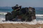A U.S. Marine Corps AAV-P7/A1 Amphibious Assault Vehicle assigned to Alpha Company, Battalion Landing Team 1st Battalion, 5th Marines, 31st Marine Expeditionary Unit, reaches the shoreline during a combined amphibious assault on Dogu Beach, South Korea, conducted as part of Ssang Yong 16, March 12, 2016. Ssang Yong is a biennial combined amphibious exercise conducted by U.S. forces with the Republic of Korea Navy and Marine Corps, Australian Army and Royal New Zealand Army Forces in order to strengthen interoperability and working relationships across a wide range of military operations. The Marines and Sailors of the 31st MEU are in Korea as part of their spring deployment to the Asia-Pacific region. (U.S. Marine Corps photo by Gunnery Sgt. Ismael Pena/Released)