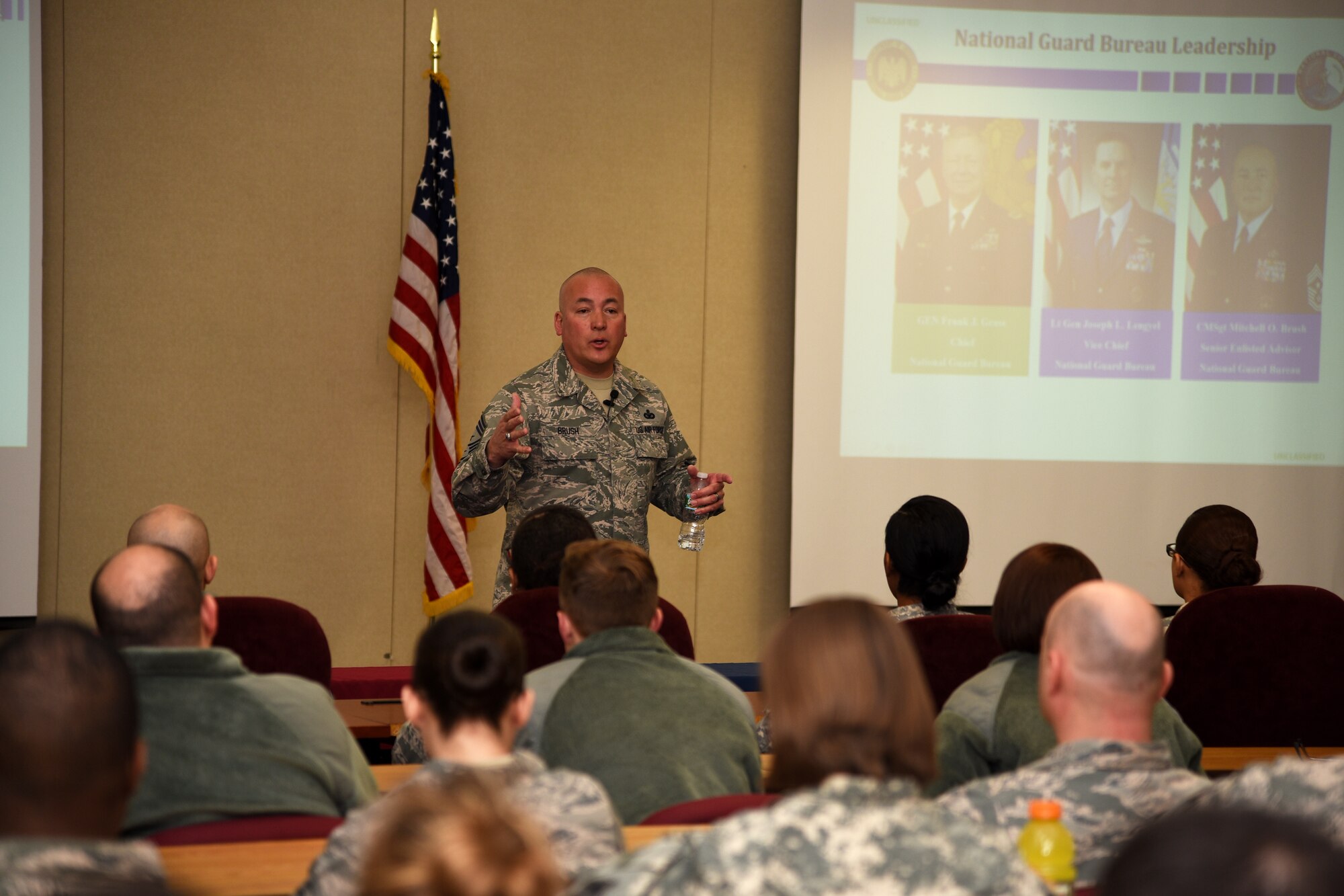 Chief Master Sgt. Mitchell O. Brush, the Senior Enlisted Advisor of the National Guard Bureau, spoke to more than 100 Airmen and Soldiers of the New Jersey National Guard at the Joint Training and Training Development Center in Joint Base McGuire-Dix-Lakehurst, New Jersey, March 20, 2016. As the top noncommissioned officer of NGB, Brush advises the Chief, National Guard Bureau on all enlisted matters affecting training, effective utilization, the health of the force, and professional development for the National Guard. (U.S. Air National Guard photo by Tech. Sgt. Armando Vasquez/Released)
