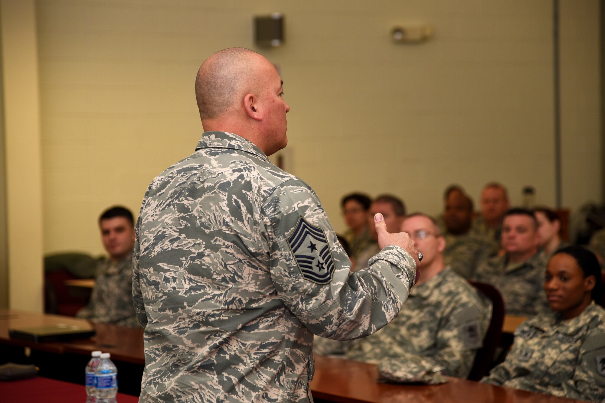 Chief Master Sgt. Mitchell O. Brush, the Senior Enlisted Advisor of the National Guard Bureau, spoke to more than 100 Airmen and Soldiers of the New Jersey National Guard at the Joint Training and Training Development Center in Joint Base McGuire-Dix-Lakehurst, New Jersey, March 20, 2016. As the top noncommissioned officer of NGB, Brush advises the Chief, National Guard Bureau on all enlisted matters affecting training, effective utilization, the health of the force, and professional development for the National Guard. (U.S. Air National Guard photo by Tech. Sgt. Armando Vasquez/Released)