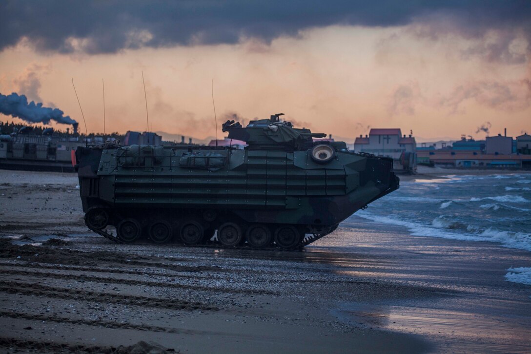 A U.S. Marine Corps Amphibious Assault Vehicle assigned to Battalion Landing Team 1st Battalion, 5th Marines, 31st Marine Expeditionary Unit enters the water after conducting an amphibious assault rehearsal during Exercise Ssang Yong 16, Dogu Beach, Pohang, Republic of Korea, March 10, 2016. The U.S. Navy and Marine Corps team is committed to the ROK-U.S. Alliance and conduct exercises regularly to ensure interoperability and maintain strong working relationships to support the sovereignty of the ROK.  Ssang Yong familiarizes American armed forces with the Korean Peninsula and builds upon the strong preexisting relationship between the two militaries.  The Marines and sailors of the 31st MEU are currently deployed aboard the Bonhomme Richard Amphibious Ready Group as part of their spring deployment of the Asia-Pacific region. (U.S. Marine Corps Photo by GySgt Ismael Pena/Released)