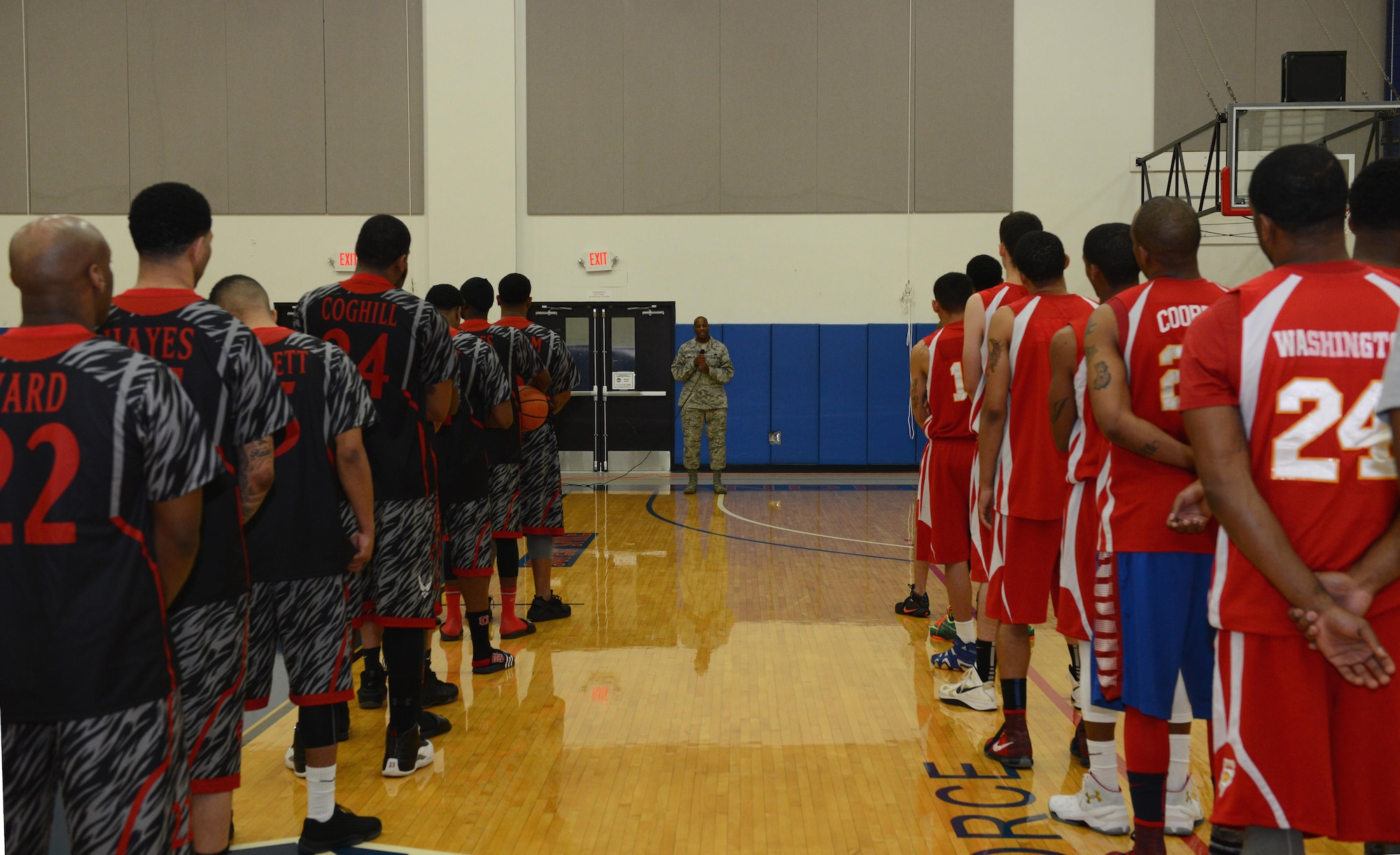 Basketball teams gather for the annual March Madness opening ceremony March 19, 2016, at Andersen Air Force Base, Guam. March Madness is a Pacific-wide basketball tournament which will be held March 19-27. (U.S. Air Force photo/Airman 1st Class Arielle Vasquez)
