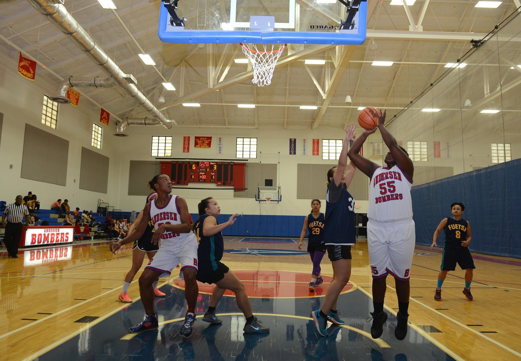 The first games of the March Madness tournament kicks off at the Coral Reef Fitness Center March 19, 2016, on Andersen Air Force Base, Guam. The Andersen Lady Bombers won the first game against Fuesta for the women’s division in the tournament with a score of 74-31. (U.S. Air Force photo/Airman 1st Class Arielle Vasquez)