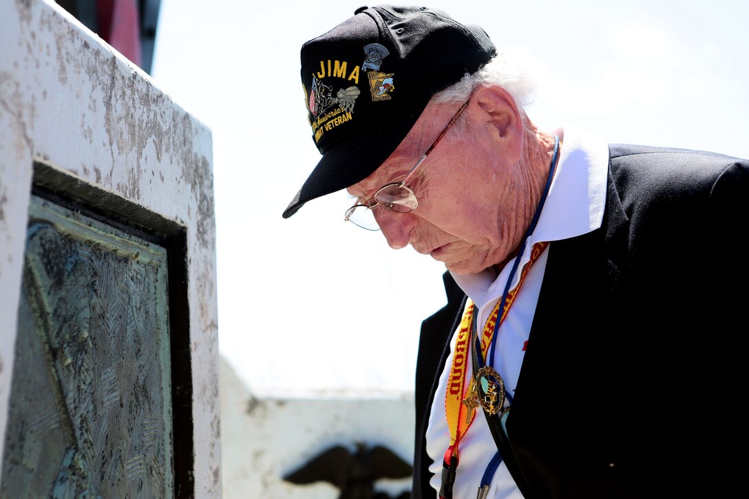 John Jack Lizere, a U.S. Marine Corps veteran of Iwo Jima, pays his respects at the 71st Commemoration of the Battle of Iwo Jima at Iwo To, Japan, March 19, 2016. The Iwo Jima Reunion of Honor is an opportunity for Japanese and U.S. veterans and their families, dignitaries, leaders and service members from both nations to honor the battle while recognizing 71 years of peace and prosperity in the U.S.-Japanese alliance. Marine Corps photo by Lance Cpl. Juan Esqueda
