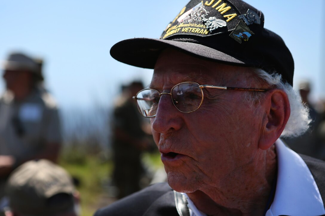 John Jack Lizere, a U.S. Marine Corps veteran of Iwo Jima, talks to service members attending the 71st Commemoration of the Battle of Iwo Jima at Iwo To, Japan, March 19, 2016. Marine Corps photo by Lance Cpl. Juan Esqueda