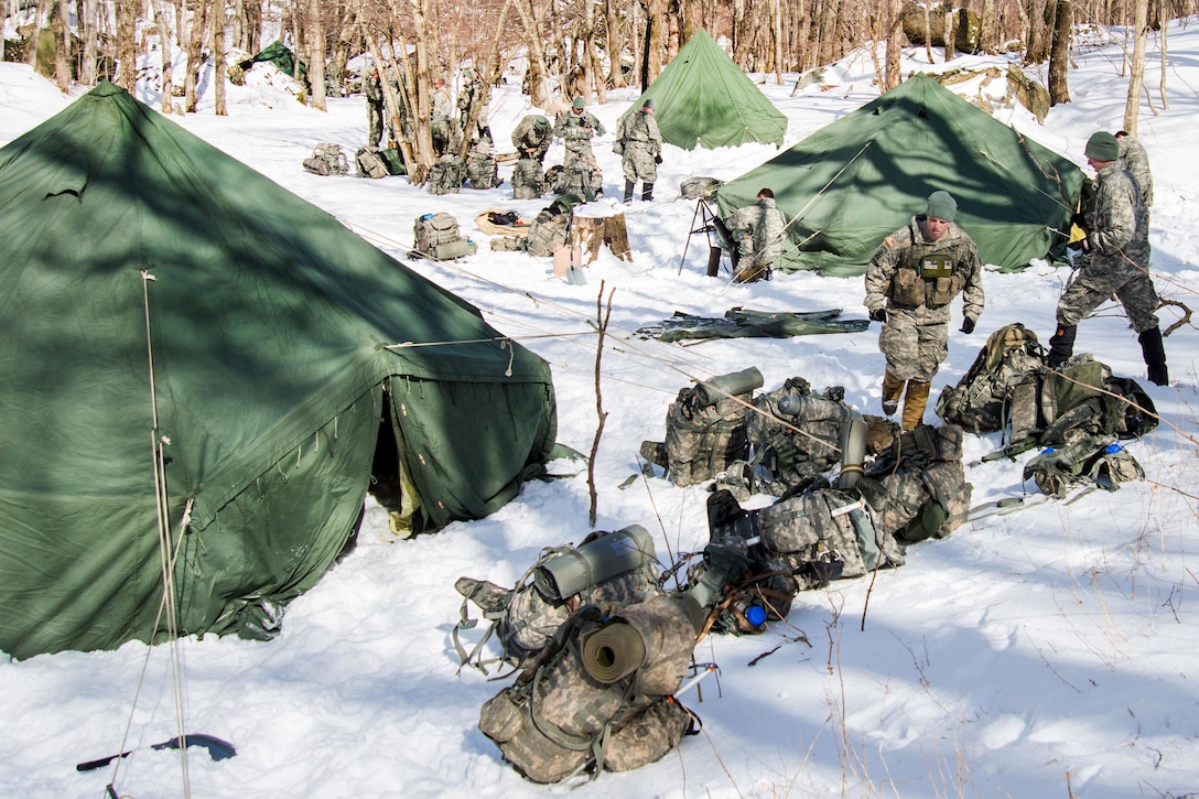 Soldiers establish a bivouac site for training at Smuggler's Notch, Jeffersonville, Vt., March 5, 2016. Vermont Army National Guard photo by Staff Sgt. Chelsea Clark
