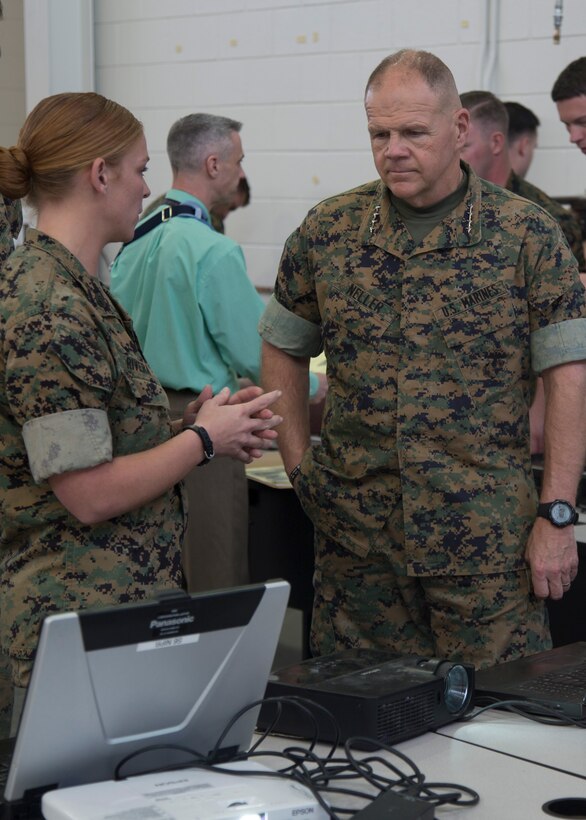 A Marine with U.S. Marine Corps Forces, Special Operations Command (MARSOC), briefs Commandant of the Marine Corps Gen. Robert B. Neller on one of the many capabilites critical skills operators have available for them for reviewing data for upcoming missions, during his visit at Stone Bay aboard Marine Corps Base Camp Lejeune, N.C., March 17, 2016.