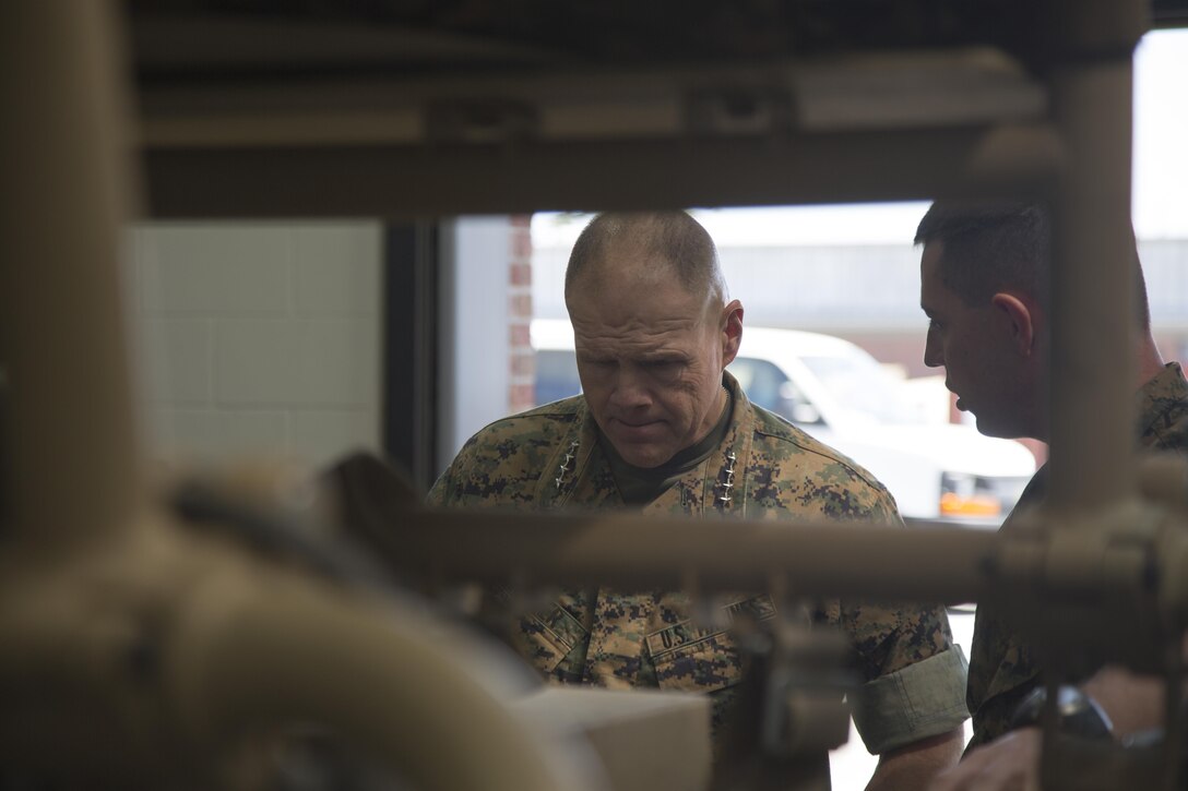 Commandant of the Marine Corps Gen. Robert B. Neller views the different capabilities of the all-terrain vehicle critical skills operators with U.S. Marine Corps Forces, Special Operations Command (MARSOC) use, at Stone Bay aboard Marine Corps Base Camp Lejeune, N.C., March 17, 2016.  