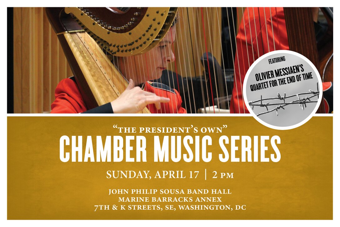 CHAMBER MUSIC SERIES: Sunday, April 17 at 2 p.m. (EDT), Sousa Band Hall, Washington, D.C. Coordinated by bass trombonist Master Sgt. Karl Johnson, the concert will feature various ensembles, including harp solos, a wind octet with percussion, a trombone ensemble, and a clarinet, violin, cello, and piano quartet performing Olivier Messiaen’s deeply profound Quatuor pour la fin du temps (Quartet for the End of Time). Messiaen composed the entire piece while a prisoner of war during World War II and performed the work for the first time in Stalag 8-A with three follow inmates. The eight movement quartet was inspired by several verses in the tenth chapter from the Book of Revelation in the Bible. The concert is free and no tickets are required. Free parking is available. The concert will also stream live on the Marine Band website and YouTube channel.