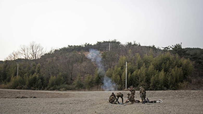 U.S. Marines assigned to Weapons Co., Battalion Landing Team, 1st Battalion, 5th Marine Regiment, 31st Marine Expeditionary Unit, fire a 81mm training mortar with the M252A2 mortar system during Ssang Yong 16 at Suseongri, South Korea, March 15, 2016. Ssang Yong familiarizes American armed forces with the Korean Peninsula and contributes to the security and stability of the Asia-Pacific region. 