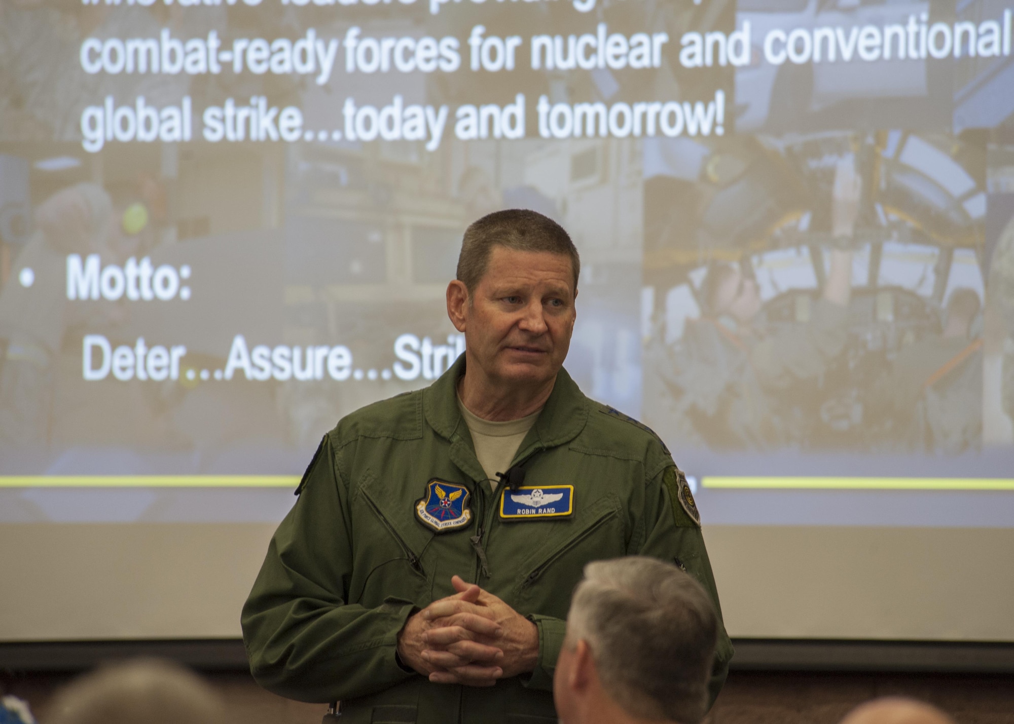 Gen. Robin Rand, AFGSC commander, addresses a crowd of civic and Air Force leaders during a Military Affairs Committee luncheon March 8, 2016, in Abilene, Texas. The MAC serves as a liaison between Dyess Air Force Base and the local community. (U.S. Air Force photo by Airman 1st Class Quay Drawdy/Released)