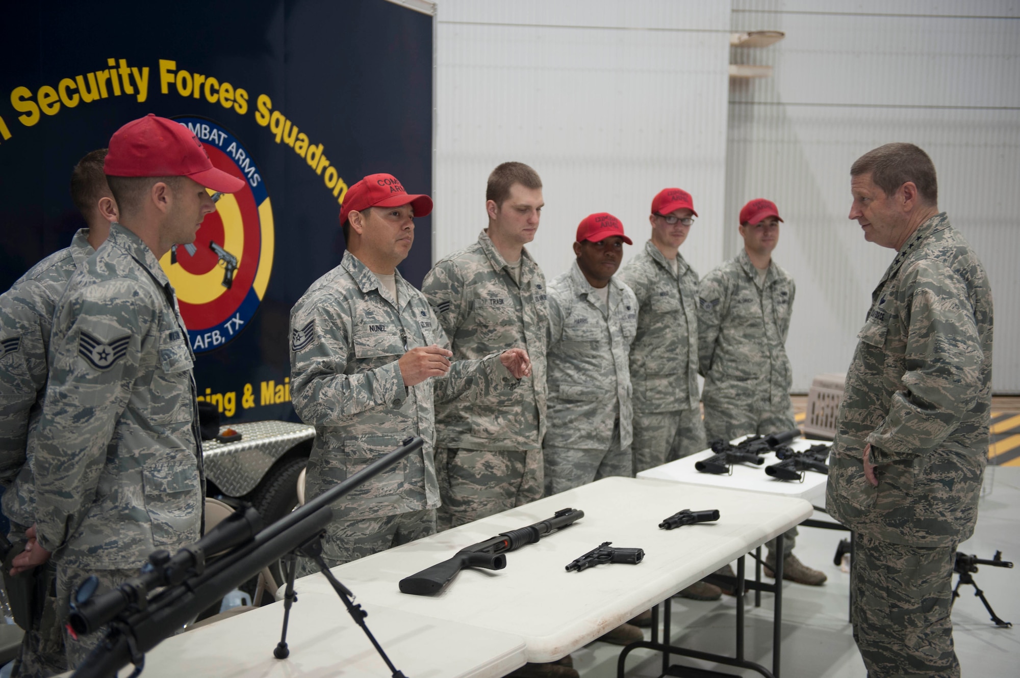 Gen. Robin Rand, AFGSC commander, speaks with Security Forces Airmen March 9, 2016, at Dyess Air Force Base, Texas. Rand visited Dyess for AFGSC Gather of Strikers senior leader conference. (U.S. Air Force photo by Airman 1st Class Quay Drawdy/Released)