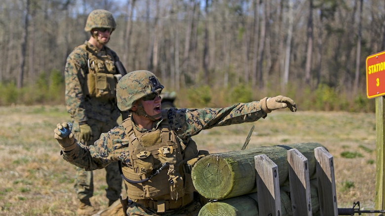 Lance Cpl. Evan D. Deniston, a military policeman with 2nd Law Enforcement Battalion, throws a dummy grenade, a non-exploding practice tool, during an assault course at Marine Corps Base Camp Lejeune, N.C., March 16, 2016. This drill is part of an annual training event to prepare them for combat situations when they are called upon to deploy. Marines took turns providing cover fire for their partner, allowing them to throw a dummy grenade near the simulated enemy position.