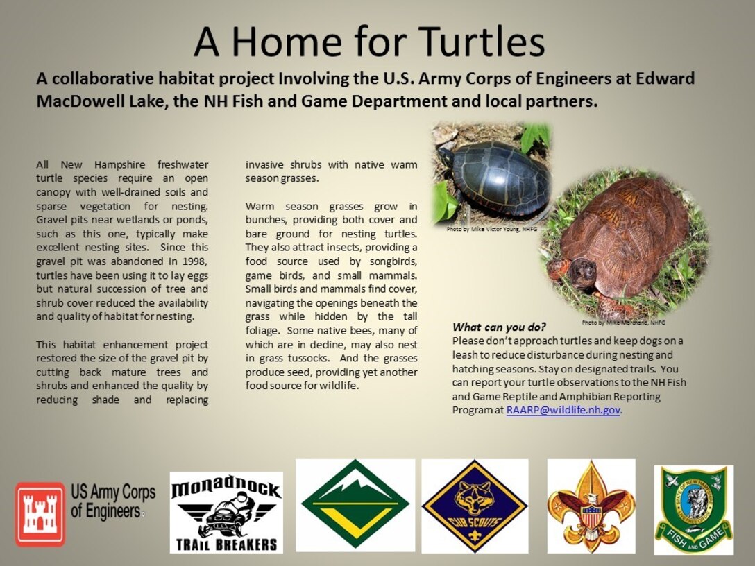 The projected increase in turtle populations as a result of this project will provide the general public with more opportunities for wildlife observation and photography at Edward MacDowell Lake and naturalist led interpretive programs to demonstrate habitat enhancements.