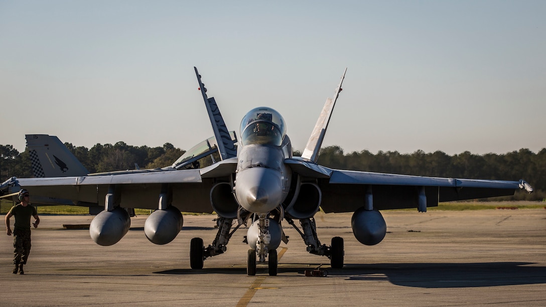 An F/A-18D Hornet returns to Marine Corps Air Station Beaufort, South Carolina, March 15, 2016. Marine All-Weather Fighter Attack Squadron 224 has been deployed to the Western Pacific since October 2015 as part of the Unit Deployment Program. The Hornet is with VMFA(AW)-224.