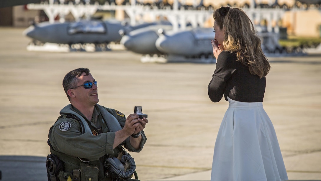 Maj. James Corrington proposes to his girlfriend at Marine Corps Air Station Beaufort, South Carolina, March 15, 2016. Corrington has been deployed to the Western Pacific with Marine All-Weather Fighter Attack Squadron 224 since October 2015. Corrington is a pilot with VMFA(AW)-224.