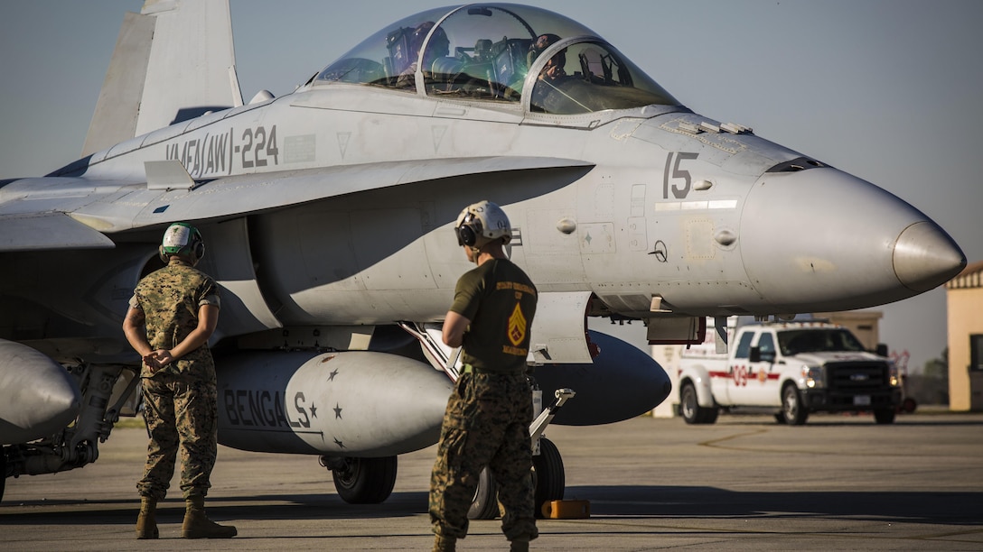 An F/A-18D Hornet returns to Marine Corps Air Station Beaufort, South Carolina, March 15, 2016. Marine All-Weather Fighter Attack Squadron 224 has been deployed to the Western Pacific since October 2015 as part of the Unit Deployment Program. The Hornet is with VMFA(AW)-224.