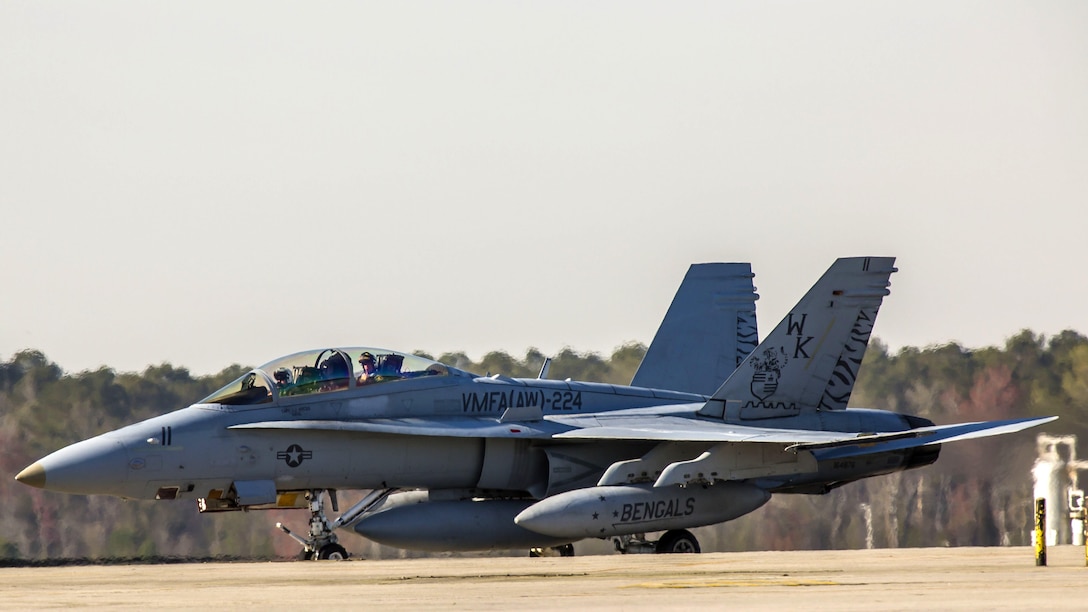 An F/A-18D Hornet returns to Marine Corps Air Station Beaufort, South Carolina, March 15, 2016. Marine All-Weather Fighter Attack Squadron 224 has been deployed to the Western Pacific since October 2015 as part of the Unit Deployment Program. The Hornet is with VMFA(AW)-224.