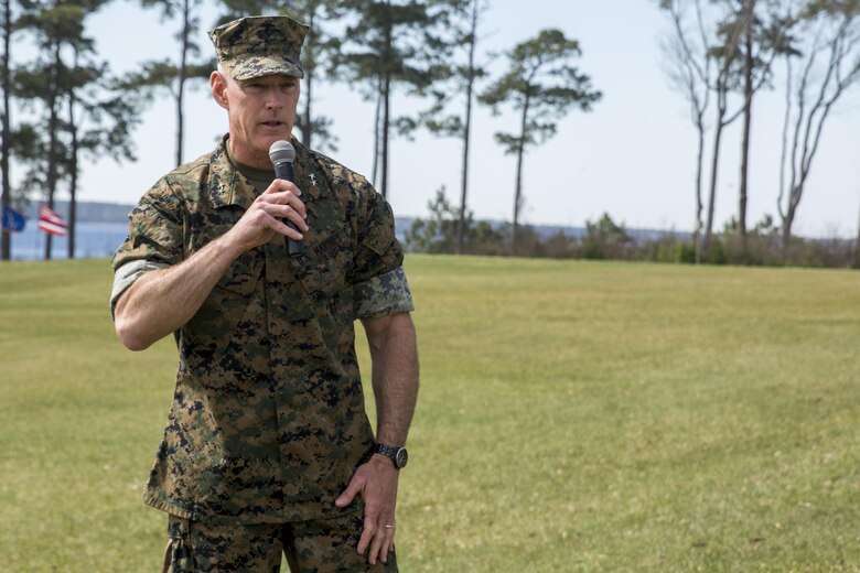 Maj. Gen. Brian Beaudreault, commanding general of 2nd Marine Division, speaks during a Silver Star ceremony for Sgt. Matthew Parker (ret.) at Camp Lejeune, N.C., March 18, 2016. Parker was awarded the Silver Star for his courageous actions during Operation Enduring Freedom in 2011, where he assumed control of his platoon during a firefight after several leaders had been injured. (U.S. Marine Corps photo by Sgt. Kirstin Merrimarahajara/released)