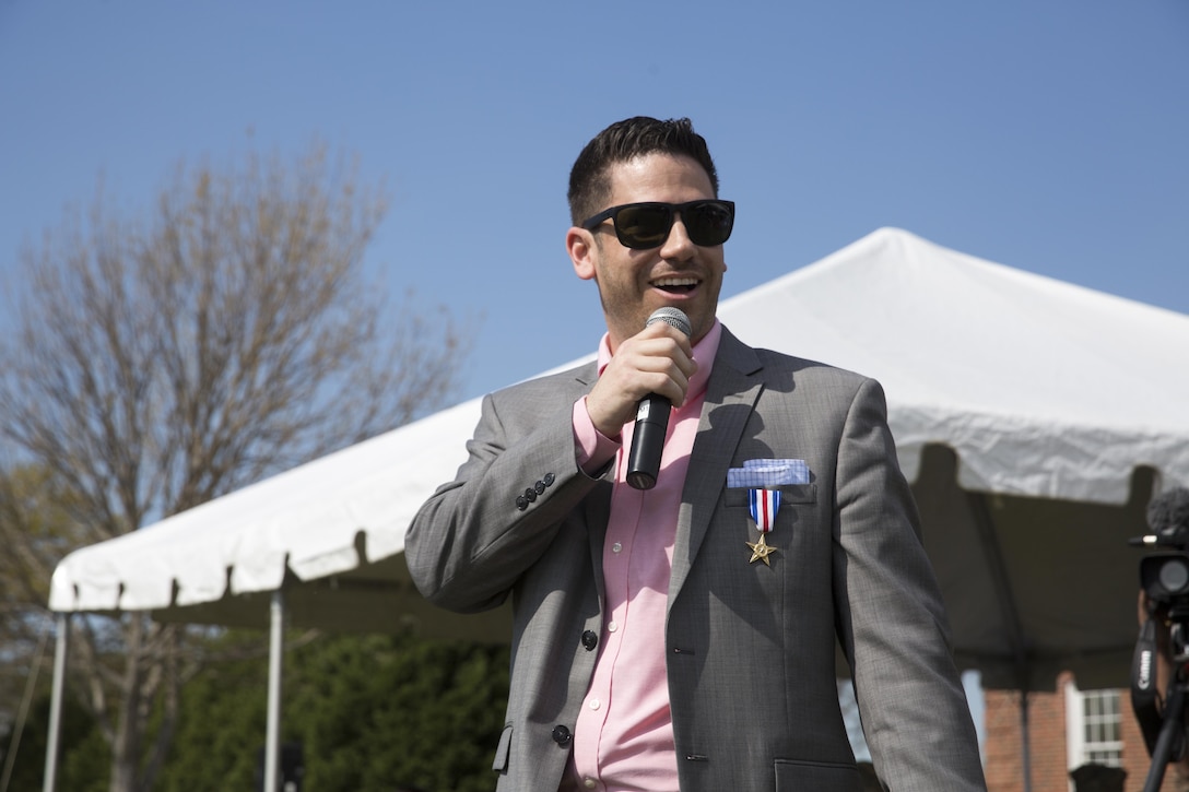 Sgt. Matthew Parker (ret.) speaks to a group of 3rd Battalion, 2nd Marine Regiment Marines during his Silver Star ceremony at Camp Lejeune, N.C., March 18, 2016. Parker was awarded the Silver Star for his courageous actions during Operation Enduring Freedom in 2011, where assumed control of his platoon during a firefight after several leaders had been injured. (U.S. Marine Corps photo by Sgt. Kirstin Merrimarahajara/released)