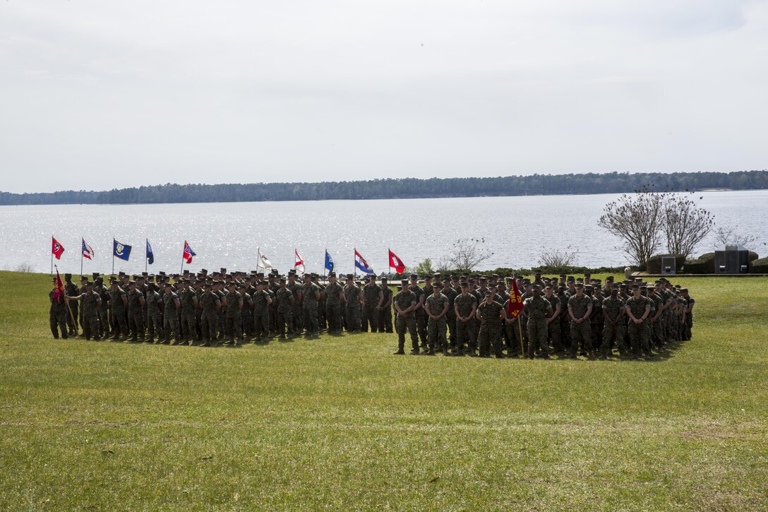 Marines with 3rd Battalion, 2nd Marine Regiment stand in formation during a Silver Star ceremony at Camp Lejeune, N.C. for former 3/2 Marine, Sgt. Matthew Parker (ret.), on March 18, 2016. Parker was awarded the Silver Star for his courageous actions during Operation Enduring Freedom in 2011, where he assumed control of his platoon during a firefight after several leaders had been injured. (U.S. Marine Corps photo by Sgt. Kirstin Merrimarahajara/released)
