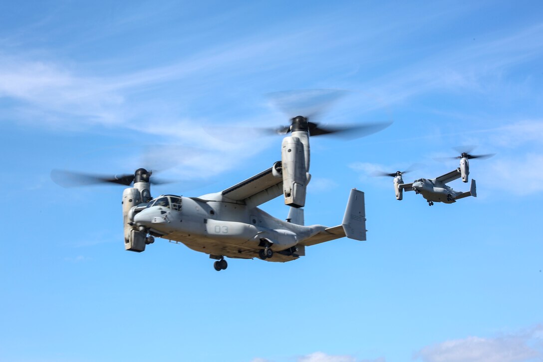 Two MV-22B Osprey aircraft prepare to land during a field exercise on Camp Lejeune, N.C., March 10, 2016. The Osprey crews are assigned to Marine Medium Tiltrotor Squadron 266. Marine Corps photo by Cpl. Paul S. Martinez