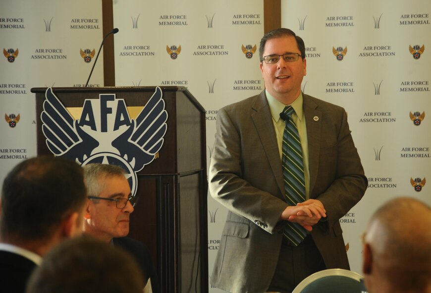 William Beauchamp, the Air Force deputy undersecretary for space and principal Defense Department space advisor staff director, speaks on the importance of safeguarding the space enterprise during an Air Force Association breakfast in Arlington, Va., March 17, 2016. In his roles, Beauchamp works closely with the intelligence community and is responsible for overseeing all DOD space capabilities and activities and supporting the defense secretary on space portfolio decisions, and for providing principal support to the Air Force undersecretary’s role as the Air Force’s focal point for space matters. (U.S. Air Force photo/Staff Sgt. Alyssa C. Gibson)